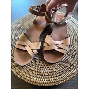 Jerusalem Sandals Womens Tan Leather Ankle Strap Flat Sandals Size 39 Hand Made